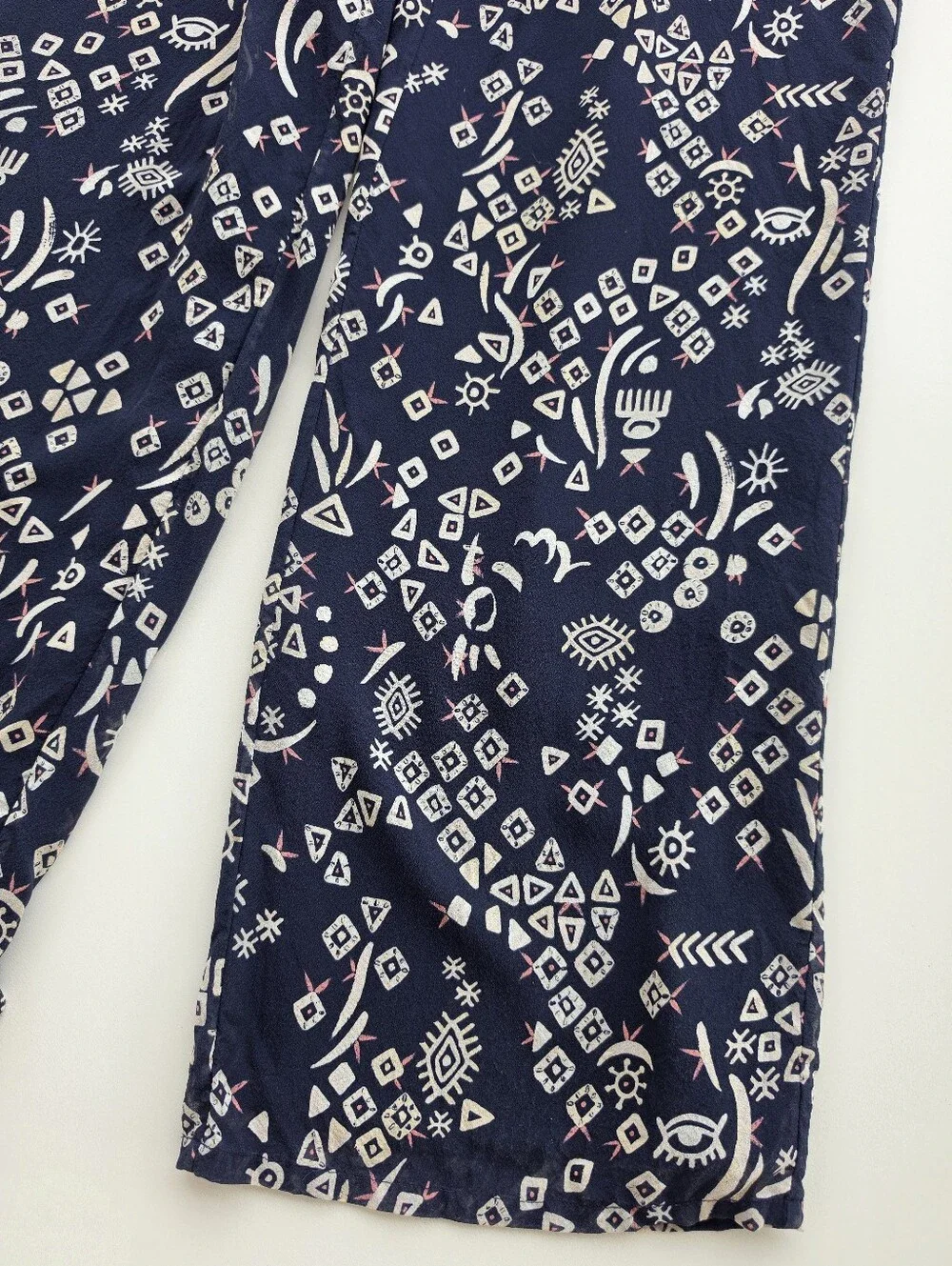 Tory Burch Silk Navy Blue Geometric Tribal Print Wide Leg Jumpsuit